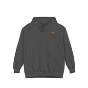 Unisex dark gray garment-dyed hoodie with skull design, cotton-polyester blend, relaxed fit, and front pouch pocket