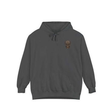 Unisex dark gray garment-dyed hoodie with skull design, cotton-polyester blend, relaxed fit, and front pouch pocket