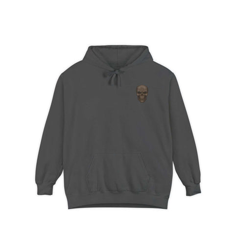 Unisex dark gray garment-dyed hoodie with skull design, cotton-polyester blend, relaxed fit, and front pouch pocket