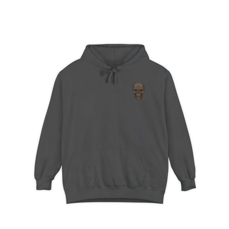 Unisex dark gray garment-dyed hoodie with skull design, cotton-polyester blend, relaxed fit, and front pouch pocket