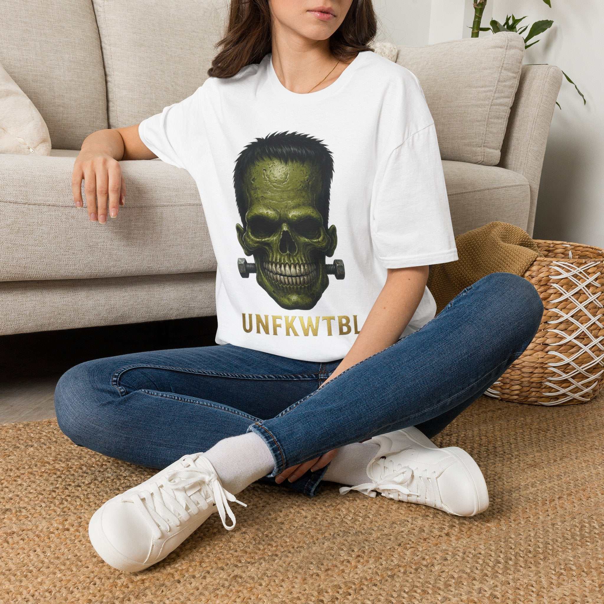 Frankenstein Skull T-Shirt — Green Horror Graphic Tee with 'UNFKWTBL'