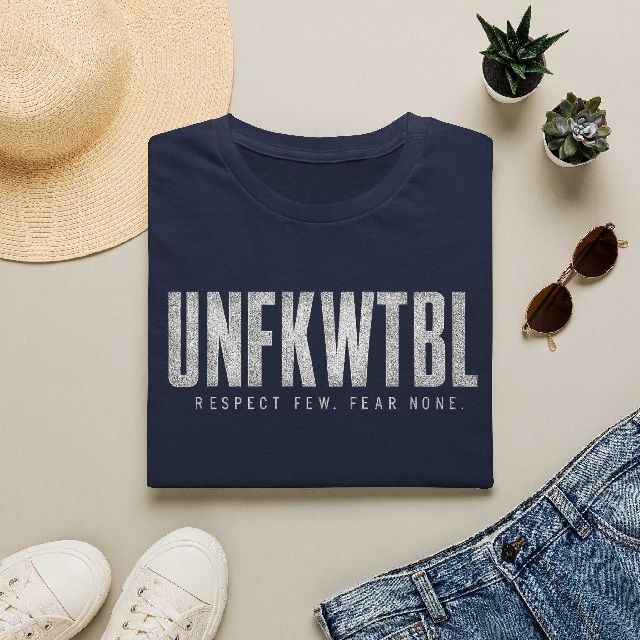 UNFKWTBL T-Shirt with bold distressed print "Respect Few. Fear None." on soft ring-spun cotton fabric