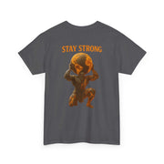 Atlas Strong Unisex Tee with Stay Strong graphic of Atlas holding the world on gray background