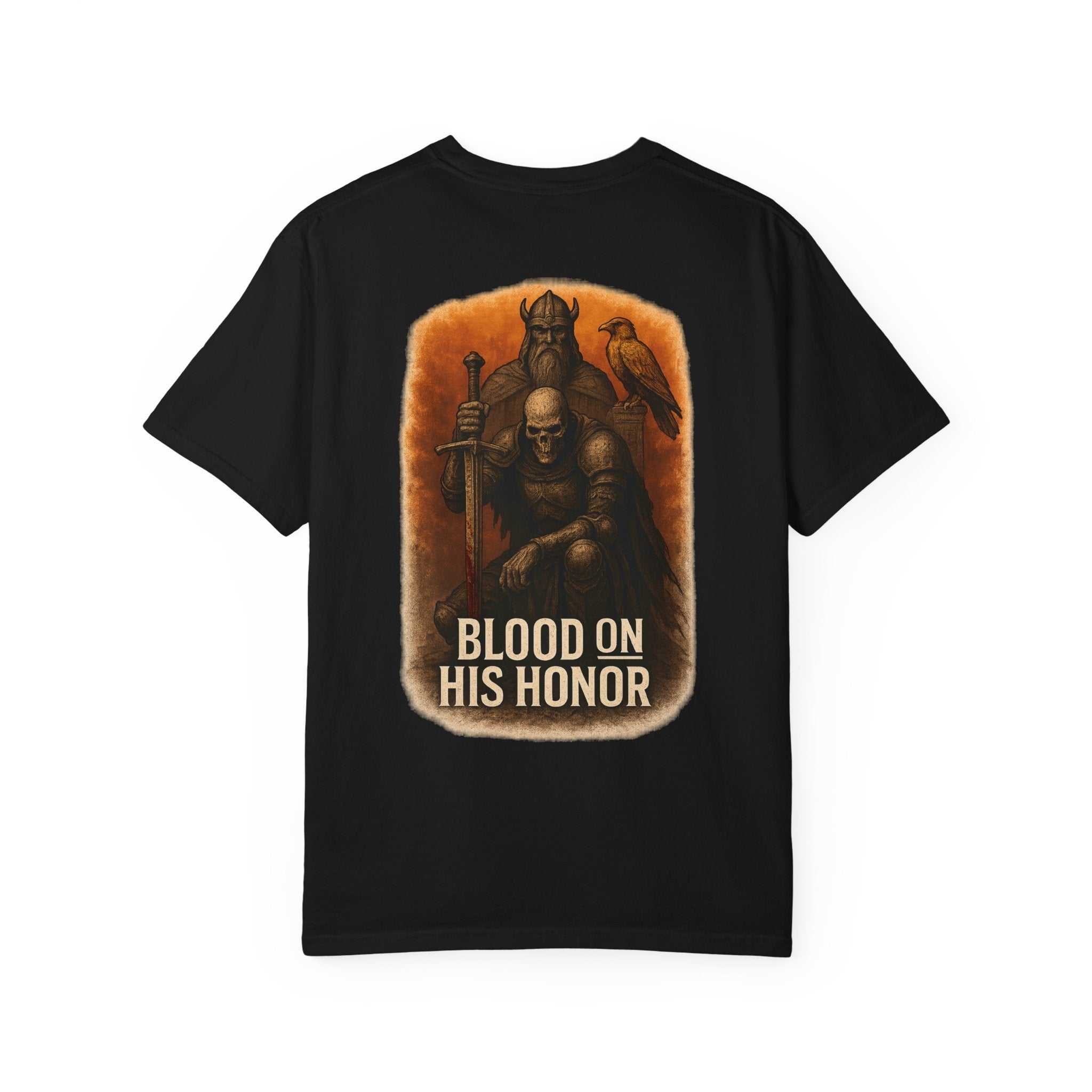 Unisex garment-dyed T-shirt with Blood On His Honor bold and strong blood design, dark edgy style