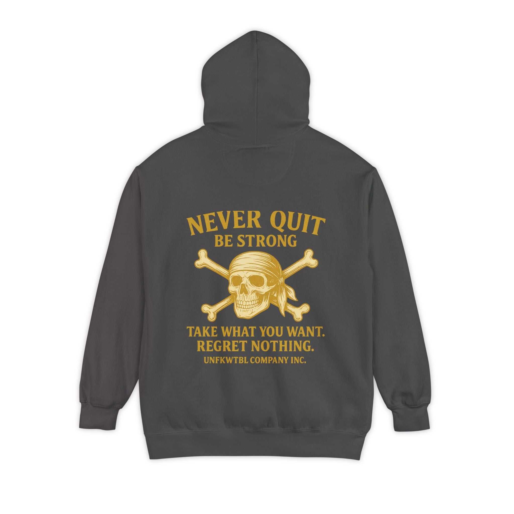 Unisex garment-dyed hoodie with 'Never Quit' skull design, soft cotton blend, and adjustable hood
