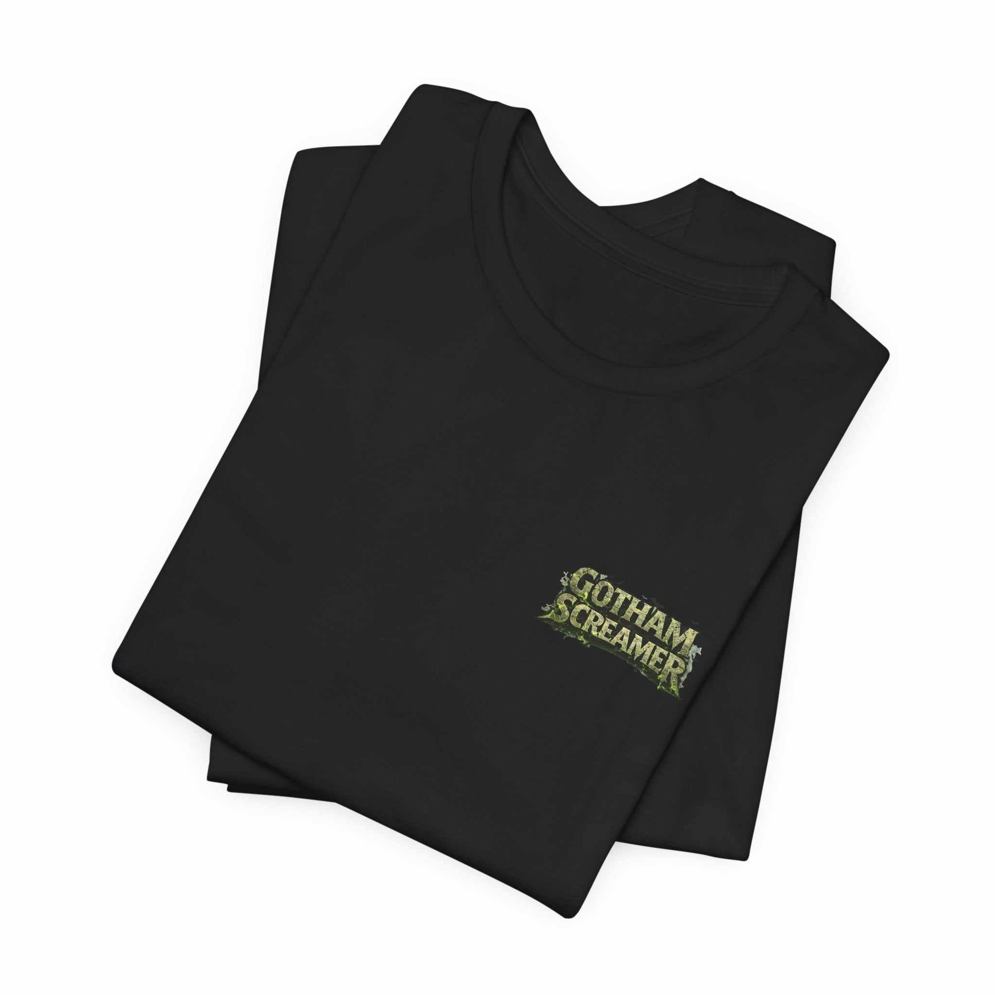 Gotham Screamer T-Shirt vintage gothic horror graphic tee with spooky cityscape and shadowy figure design