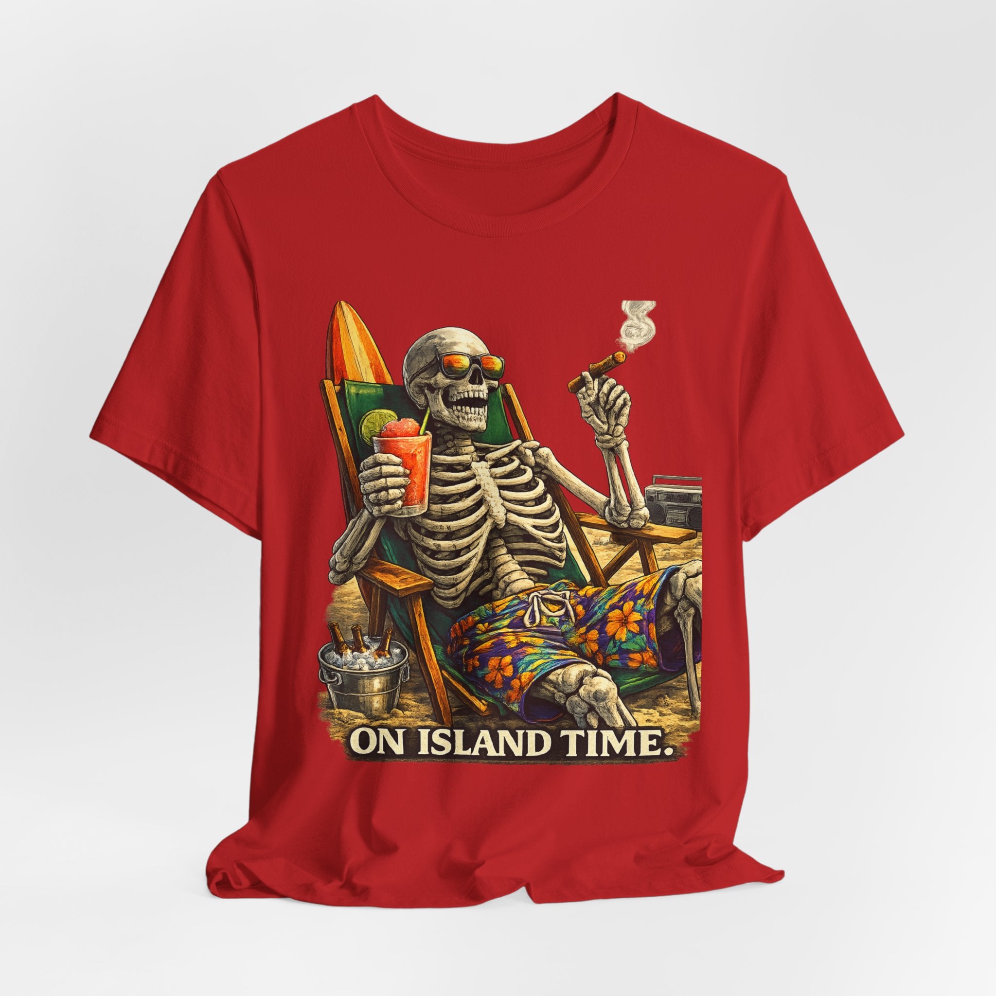 Skeleton Beach Tee — "On Island Time" Tropical Skull Vacation T-Shirt