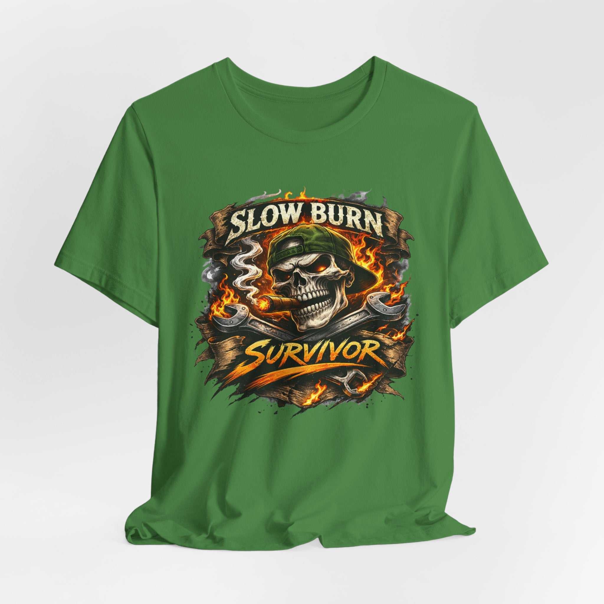 Slow Burn Survivor T‑Shirt — Skull Flame Vintage Motorcycle Tee