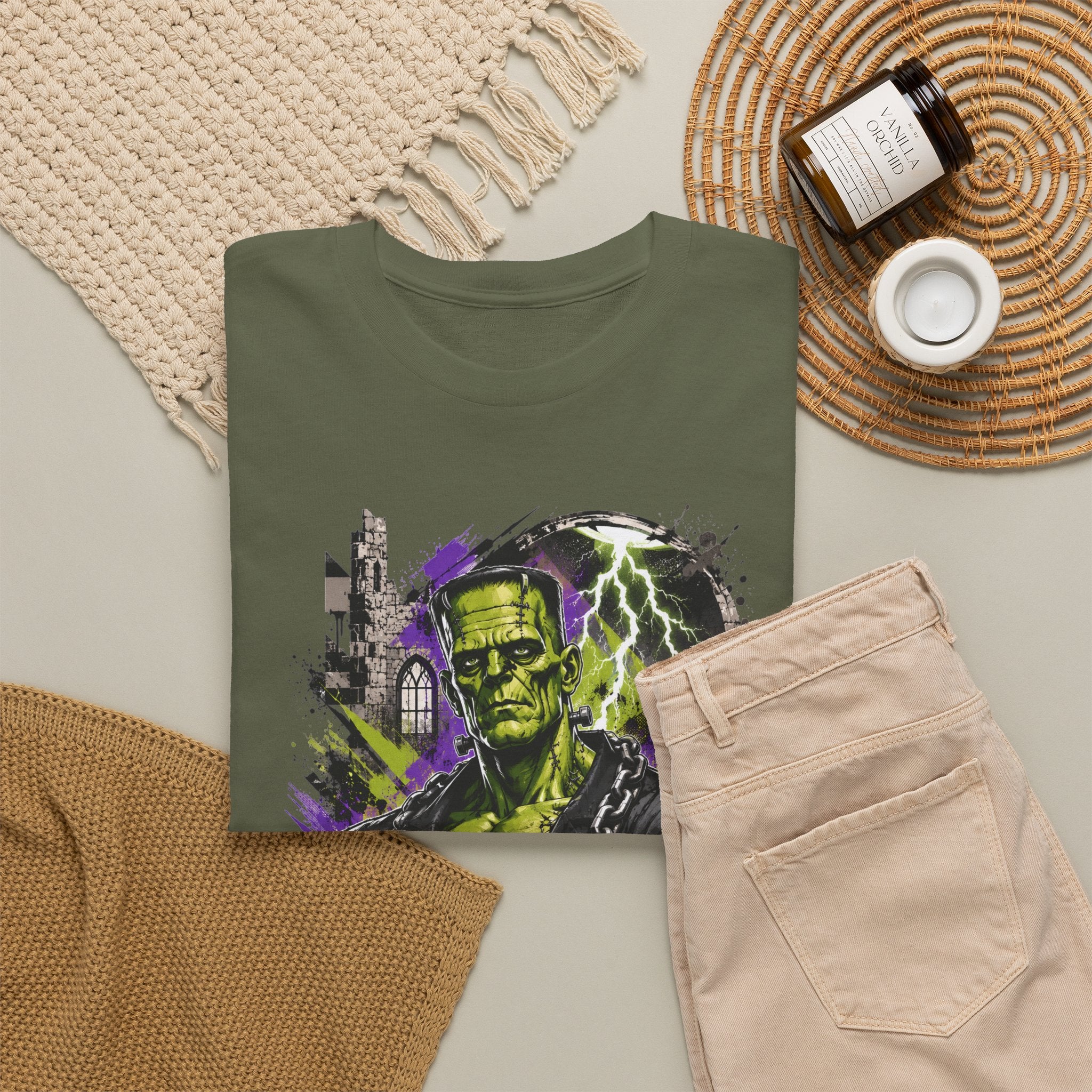 Frankenstein Monster Abstract Tee — "UNFKW TBL" Neon Horror Graphic Shirt
