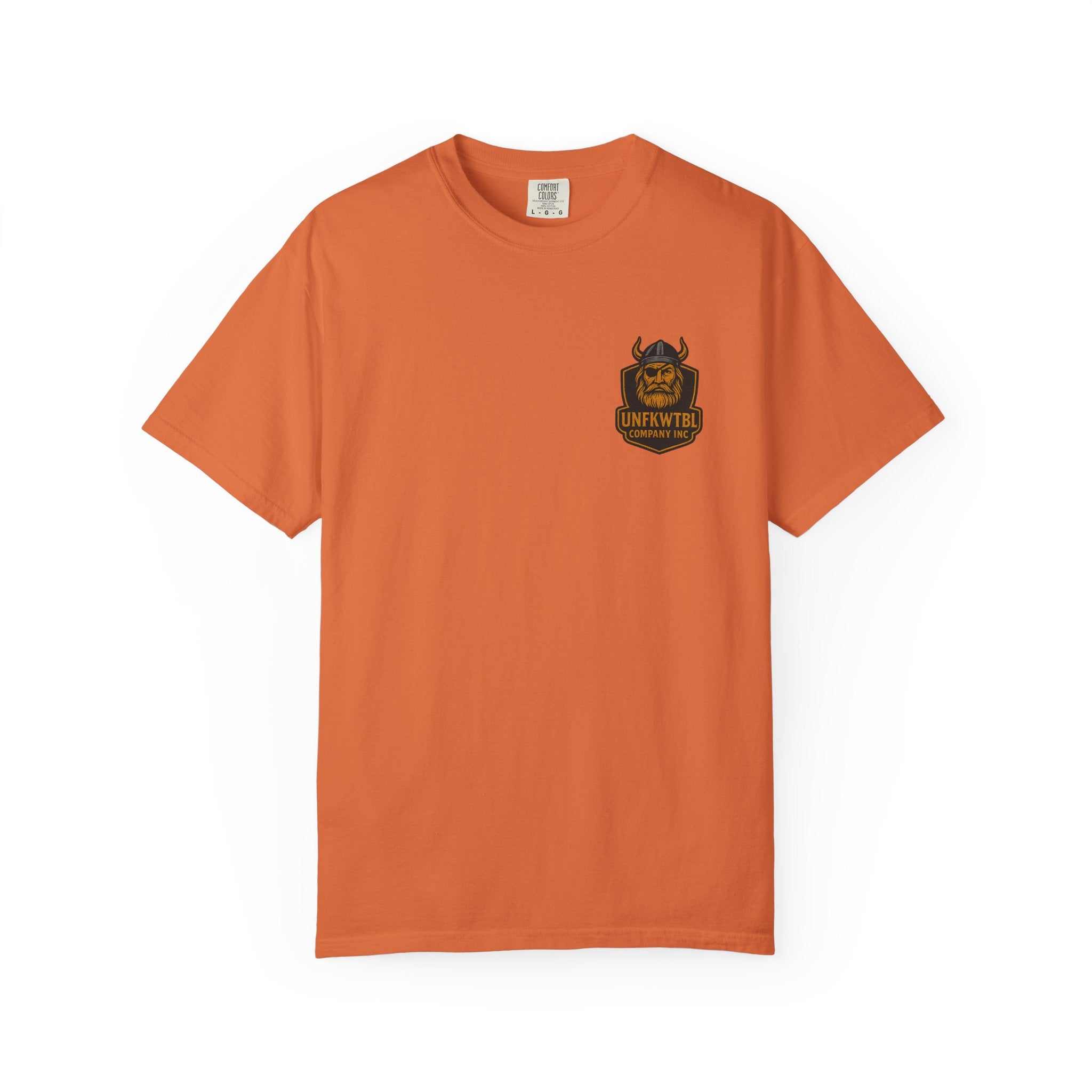Unisex orange Tropical Humor T-Shirt with small graphic logo, casual summer tee, garment-dyed soft cotton beachwear