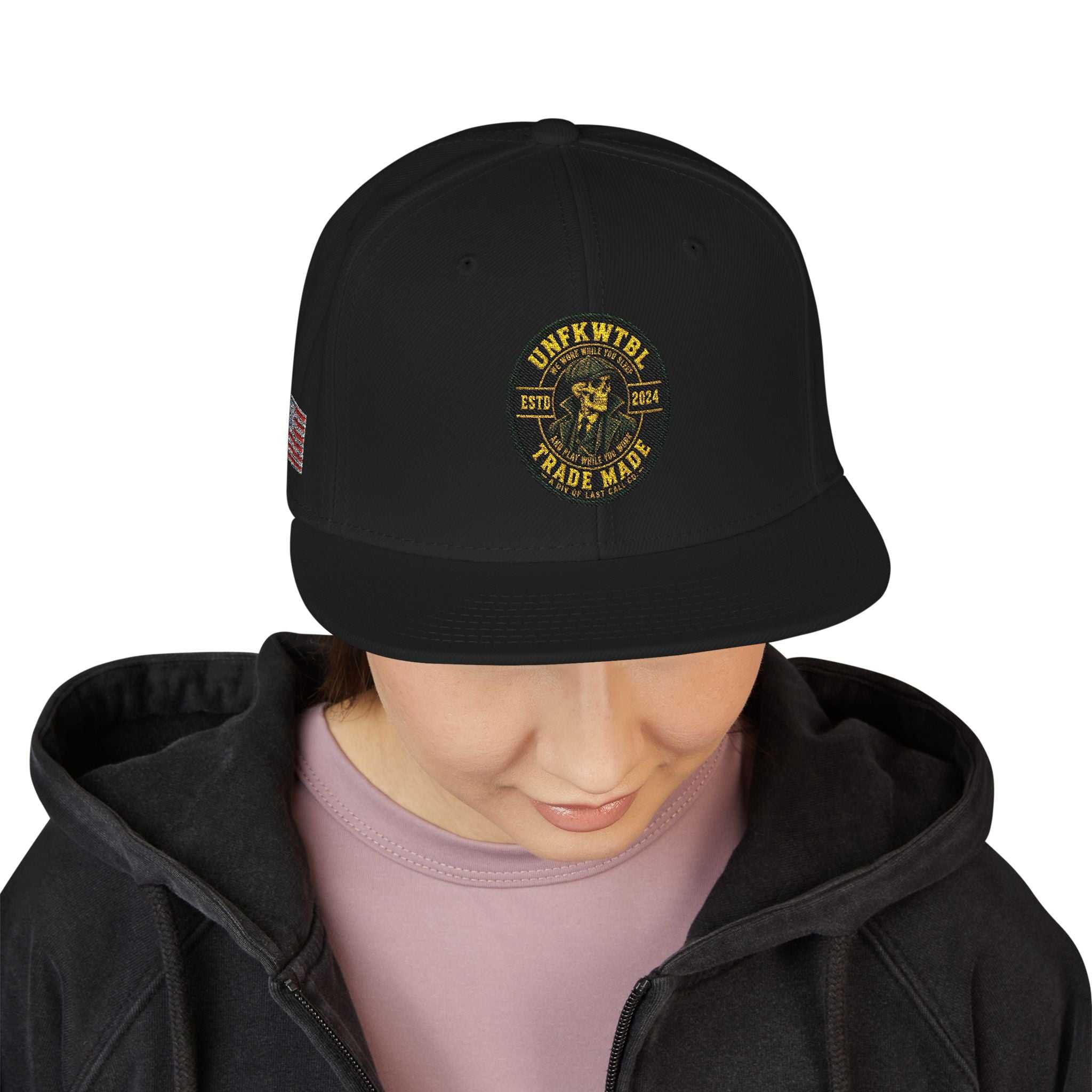 Embroidered Clover Snapback Hat — Lucky Shamrock Patch with American Flag