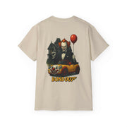 Beige unisex t-shirt featuring Pennywise clown with red balloon and clown car, Bond 007 design.