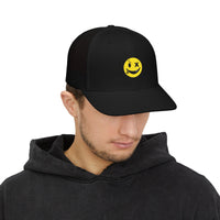 Smiley Winky Trucker Hat — Embroidered Distressed Yellow Smiley Snapback