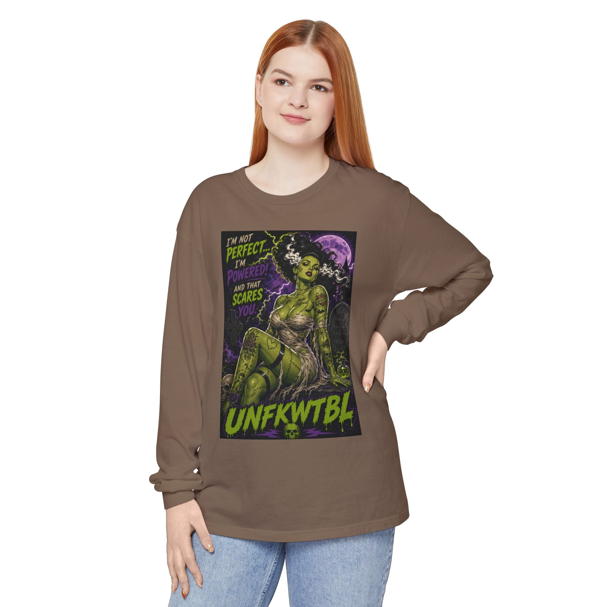 Monster Pin-Up Long Sleeve Tee — “I’m Not Perfect, I’m Powerful (UNFKWTBL)”
