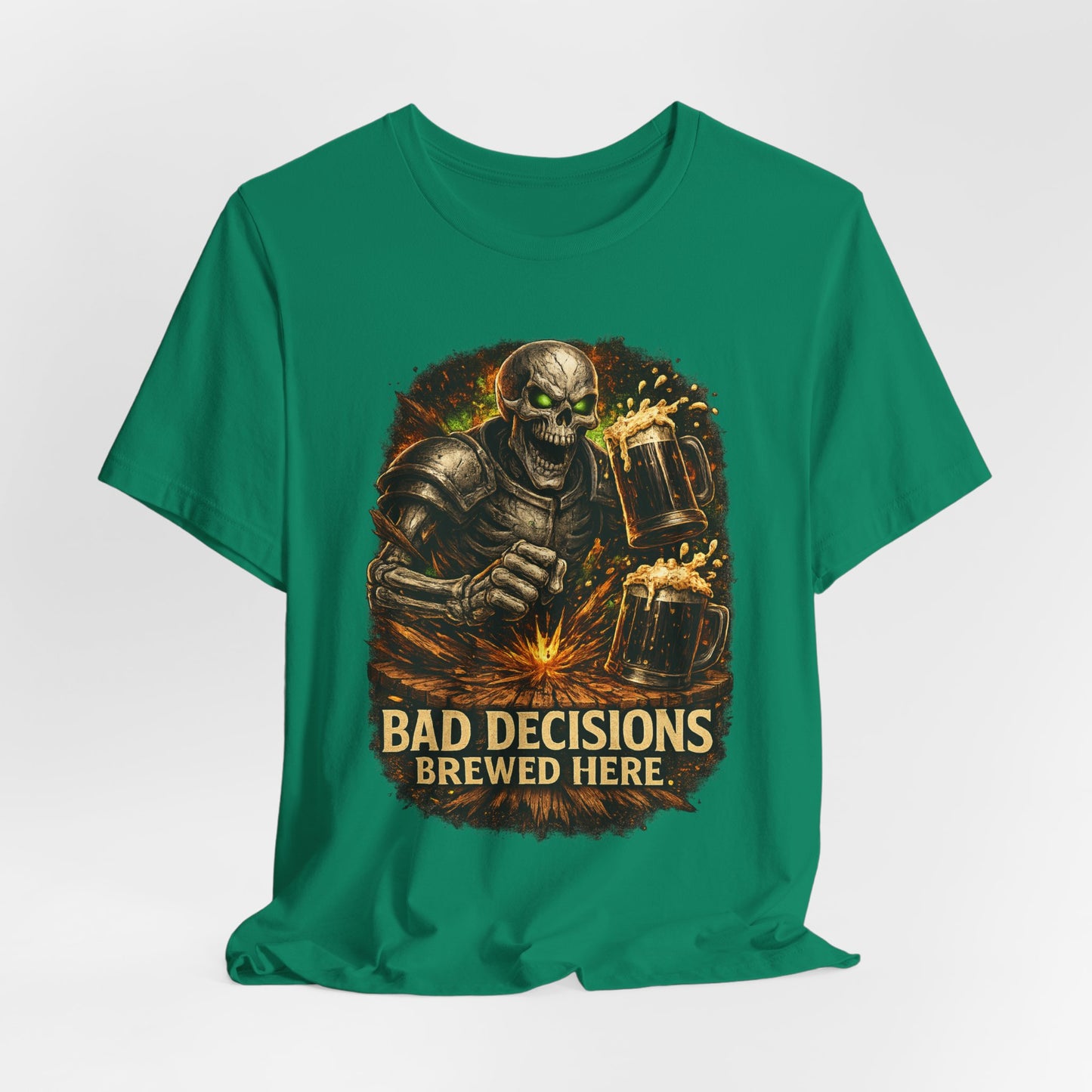 Graphic Tee — 'Bad Decisions Brewed Here' Skeleton Beer Shirt
