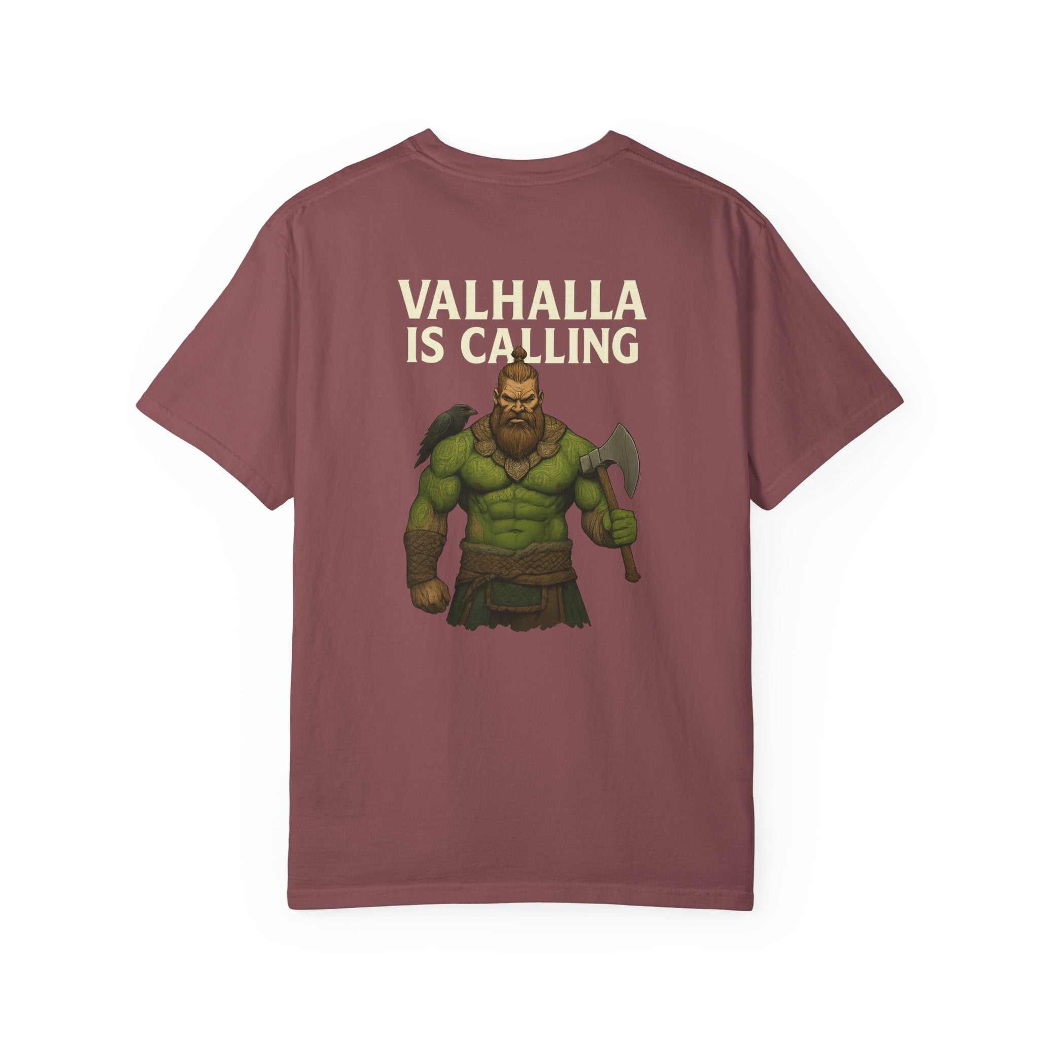 Valhalla Battle T-shirt garment-dyed unisex tee with Norse Viking design in multiple sizes