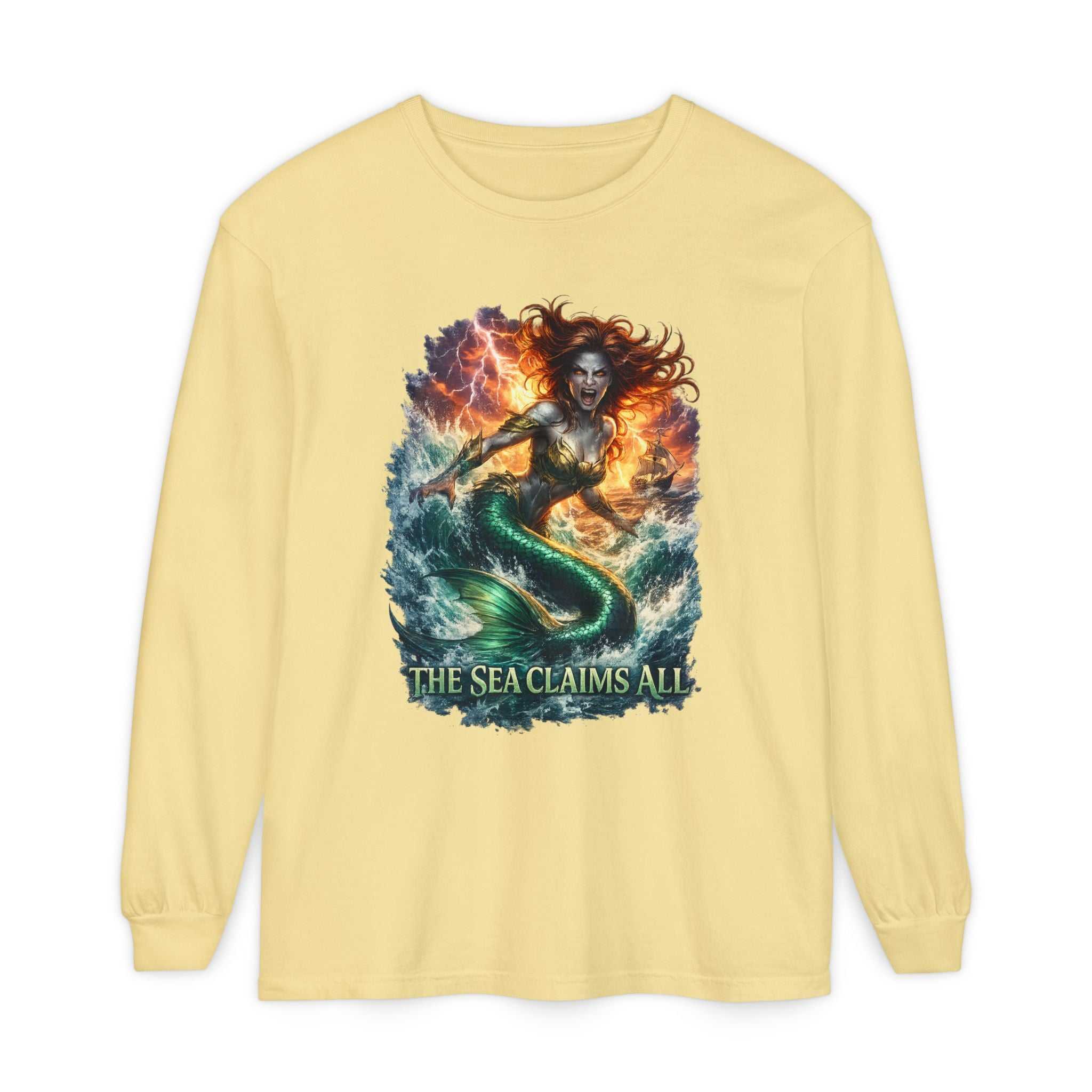 Mermaid Graphic Long Sleeve Tee — "The Sea Claims All" Nautical Fantasy Shirt
