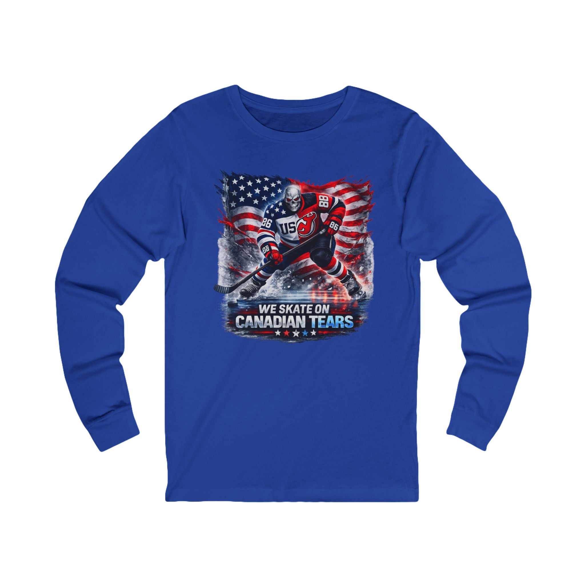 Hockey Long Sleeve Tee — We Skate on Canadian Tears (USA Flag Graphic)