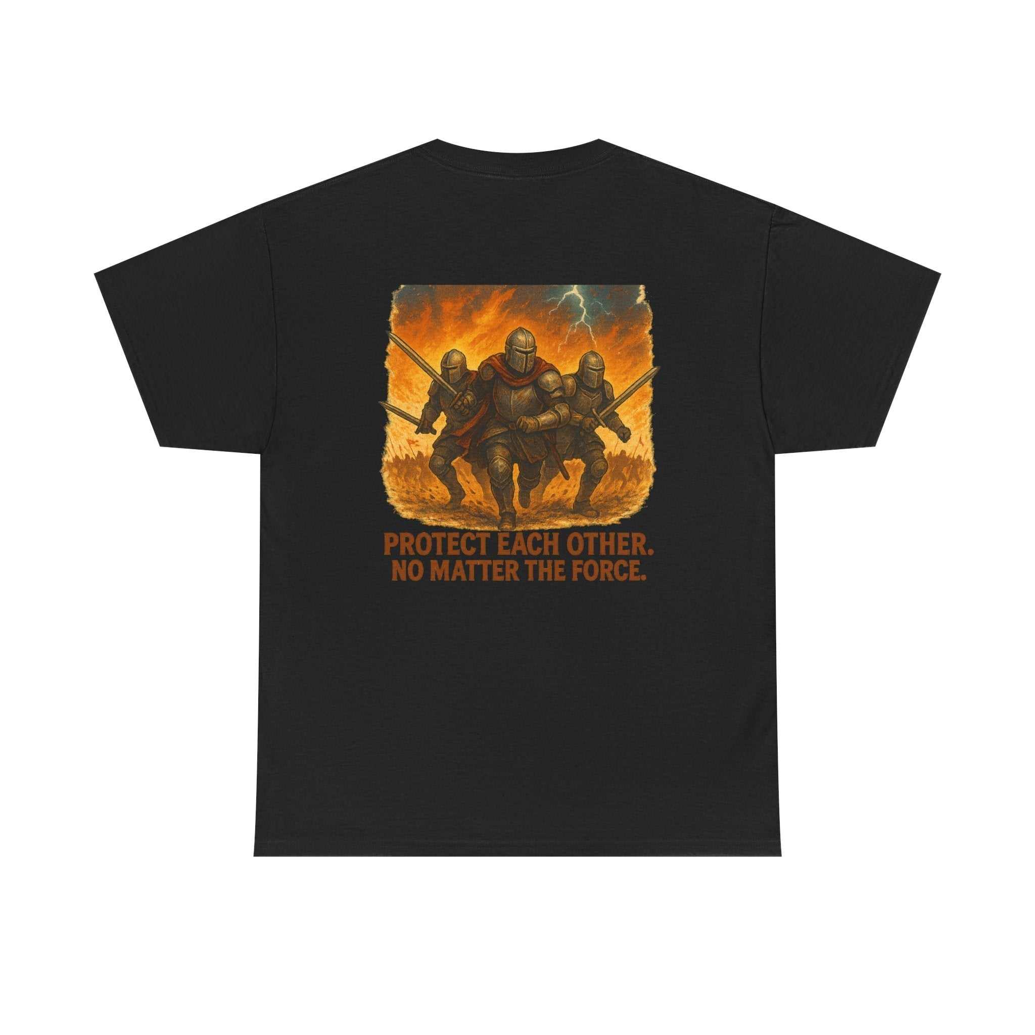 Unisex T-shirt with "Protect Each Other No Matter the Force" message, made from strong smooth fabric, available in multiple sizes.