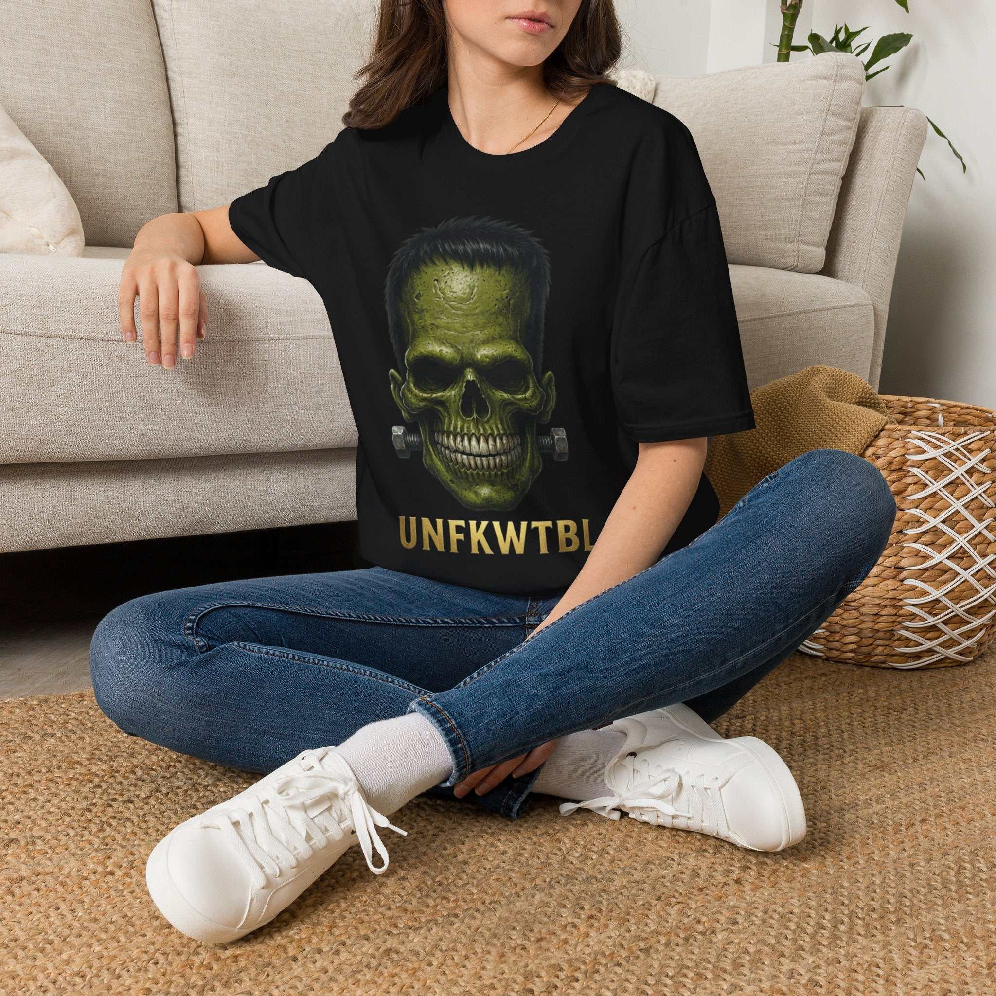 Frankenstein Skull T-Shirt — Green Horror Graphic Tee with 'UNFKWTBL'