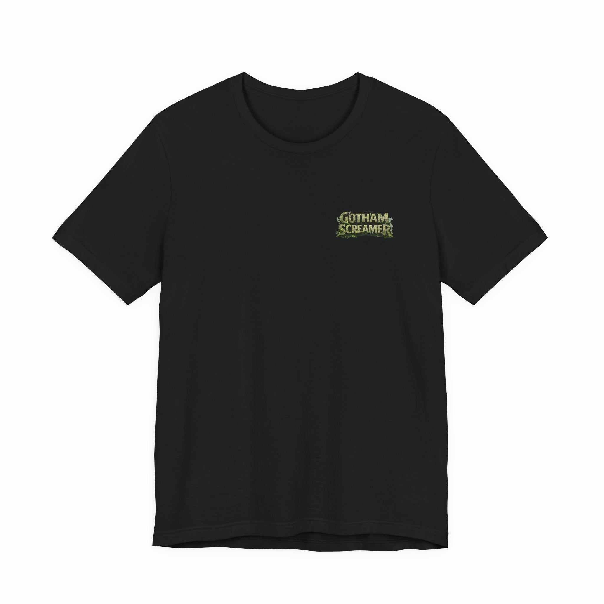 Gotham Screamer T-Shirt vintage gothic horror graphic tee with dark cityscape and shadowy figures under full moon