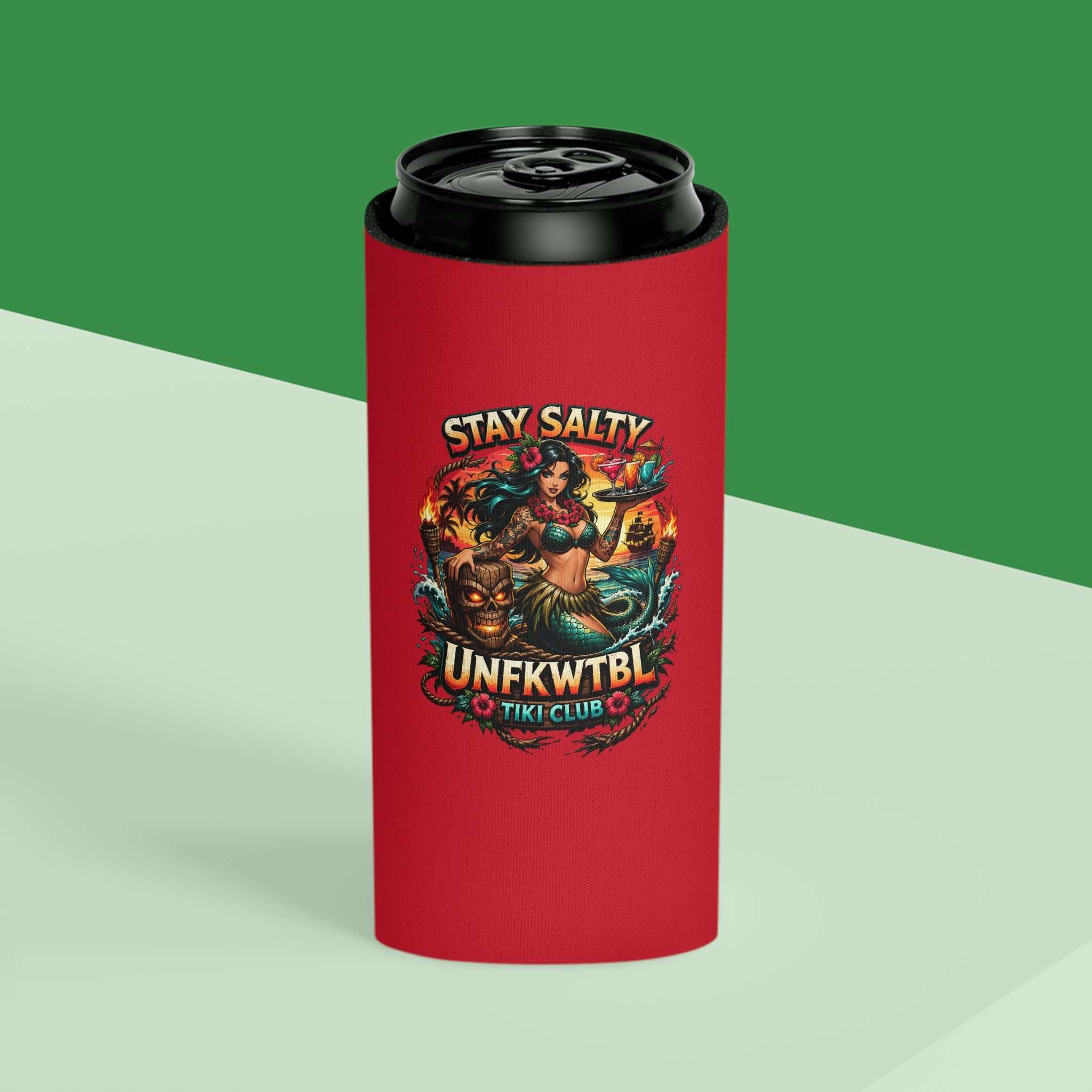 Stay Salty Tiki Can Cooler — "Stay Cold, Remain UNFKWTBL" Retro Beach Beer Koozie