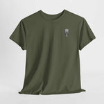 Olive green Beach Vibes Tee with small skull graphic on chest, casual fit for adults, sustainable fabric