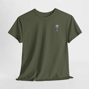Olive green Beach Vibes Tee with small skull graphic on chest, casual fit for adults, sustainable fabric