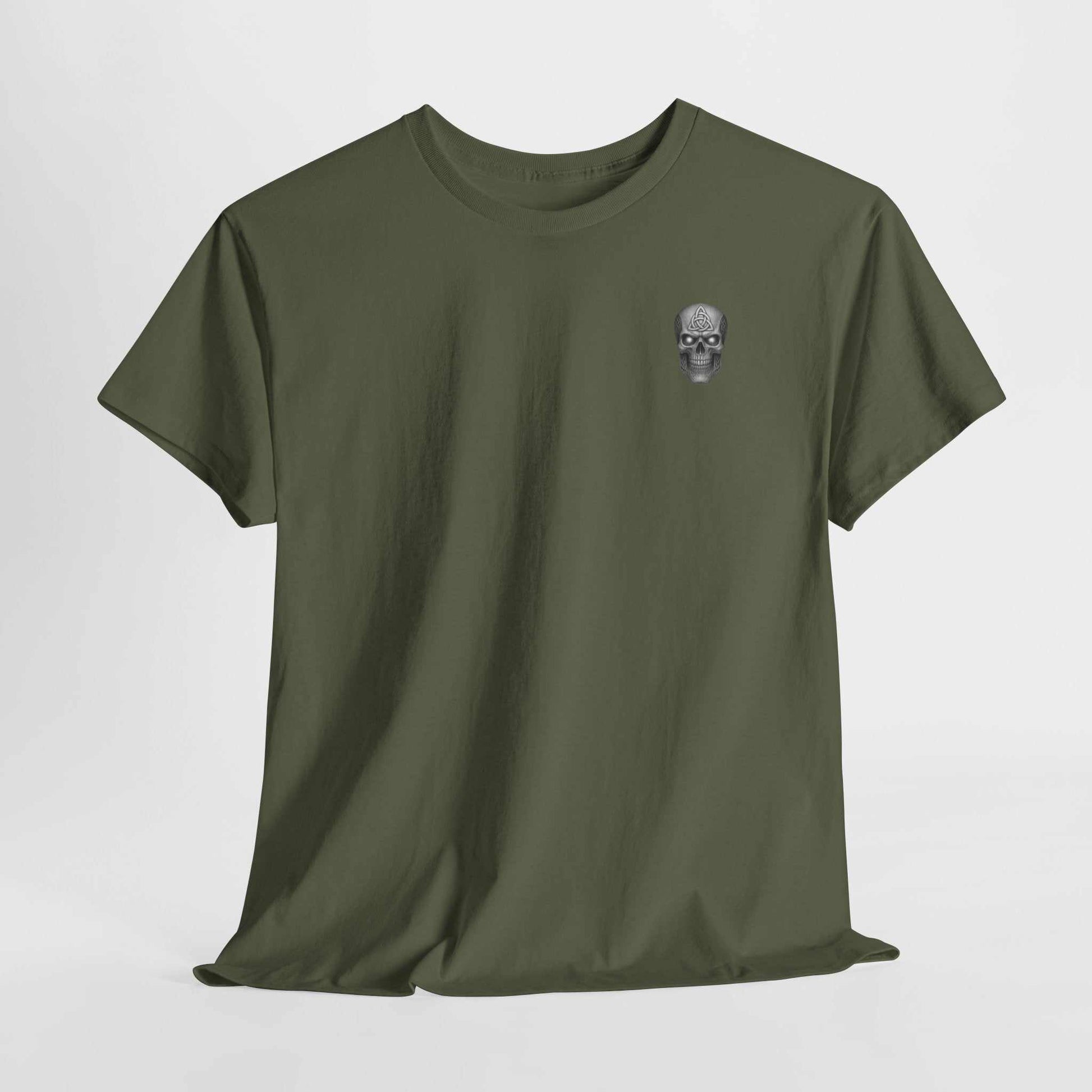 Olive green Beach Vibes Tee with small skull graphic on chest, casual fit for adults, sustainable fabric