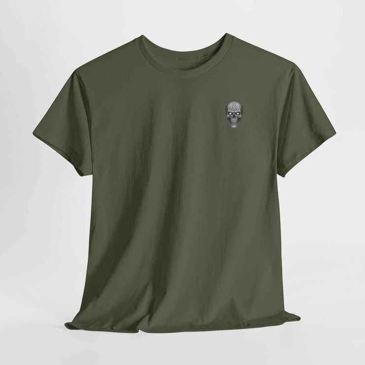 Olive green Beach Vibes Tee with small skull graphic on chest, casual fit for adults, sustainable fabric
