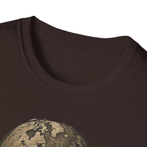 Close-up of dark brown Atlas Strength Unisex Softstyle T-Shirt featuring bold graphic design on soft cotton fabric with crew neckline