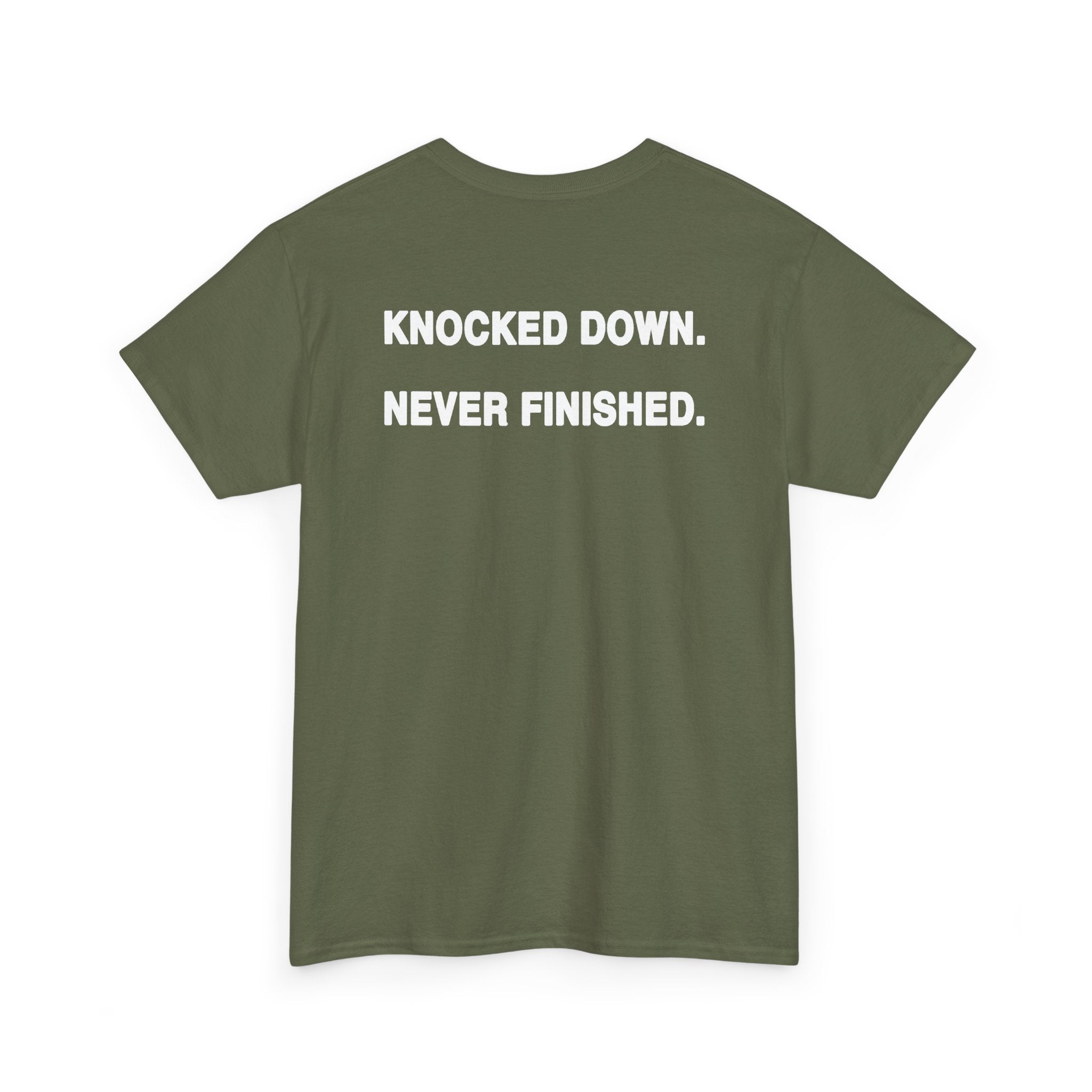 Graphic Tee — “Knocked Down. Never Finished.” Motivational Skull T-Shirt