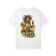 White unisex Medusa Beauty T-shirt with strawberry daiquiri design and "Beauty with a Bite" text.