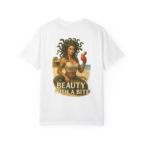 White unisex Medusa Beauty T-shirt with strawberry daiquiri design and "Beauty with a Bite" text.