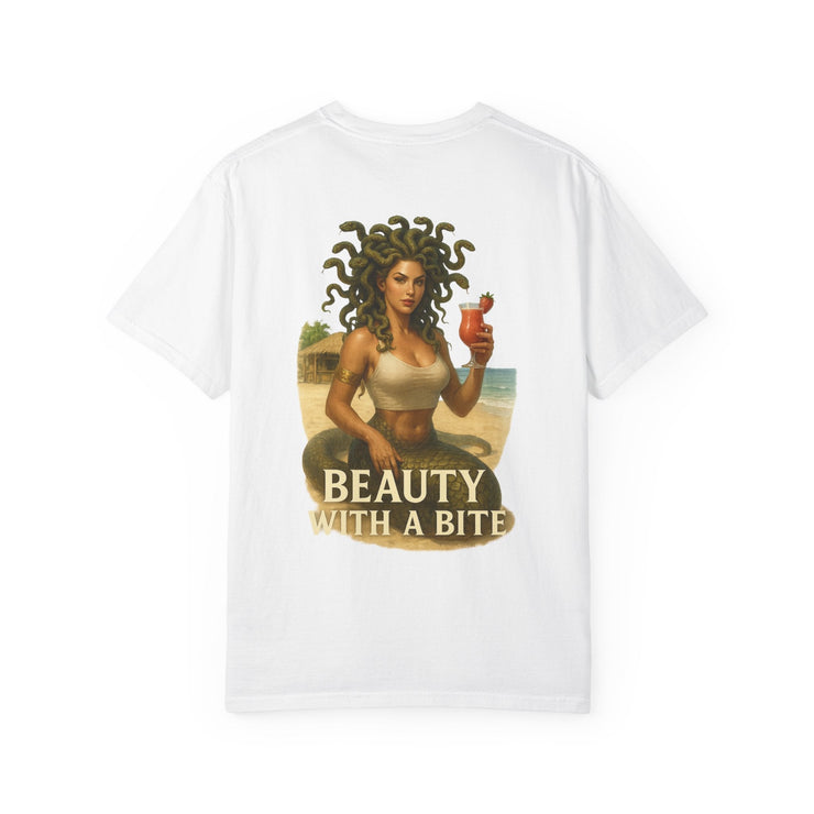 White unisex Medusa Beauty T-shirt with strawberry daiquiri design and "Beauty with a Bite" text.