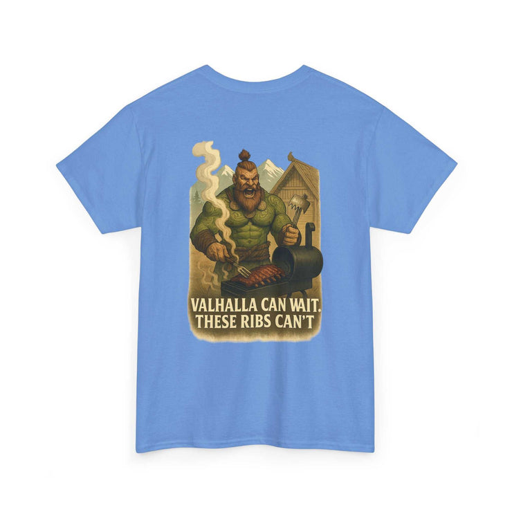 Blue Thorgar Bbq Valhalla unisex cotton tee with Viking grilling ribs graphic and humorous text.