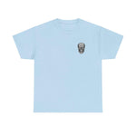 light blue Atlas Strong Unisex Tee with small graphic skull print on chest, classic fit inspirational shirt