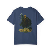 Eternal Stormbearer T-Shirt featuring fantasy warrior graphic with lightning, unisex casual garment-dyed cotton tee for gamers and geek chic style