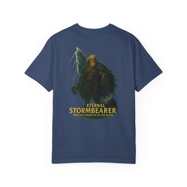 Eternal Stormbearer T-Shirt featuring fantasy warrior graphic with lightning, unisex casual garment-dyed cotton tee for gamers and geek chic style