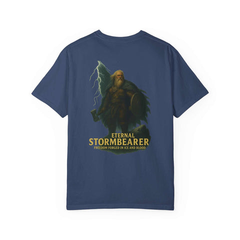 Eternal Stormbearer T-Shirt featuring fantasy warrior graphic with lightning, unisex casual garment-dyed cotton tee for gamers and geek chic style