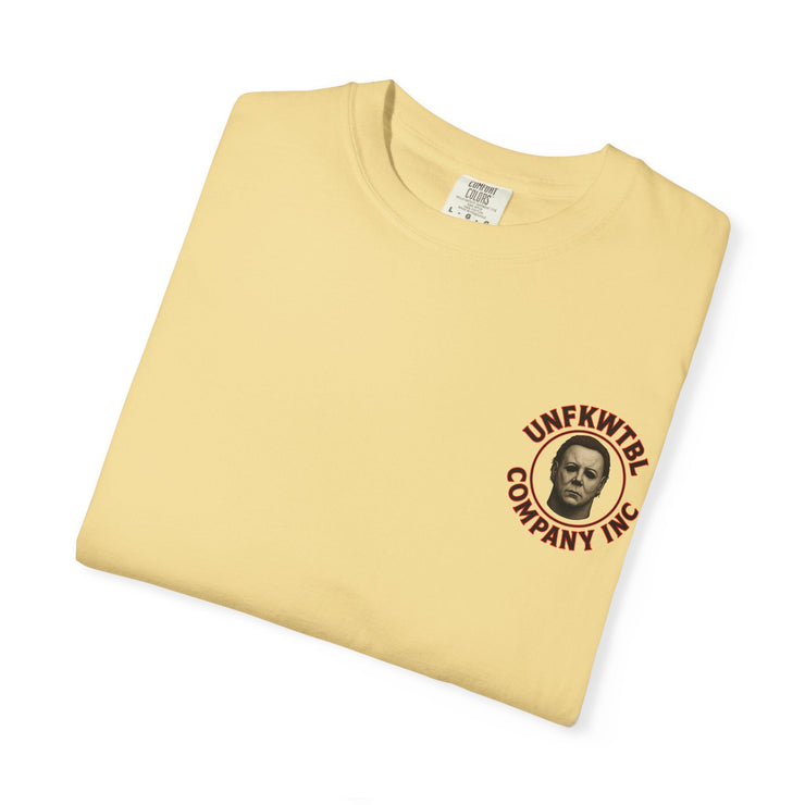 Jason Voorhees T-shirt with horror and Scooby Doo inspired print folded on a white background