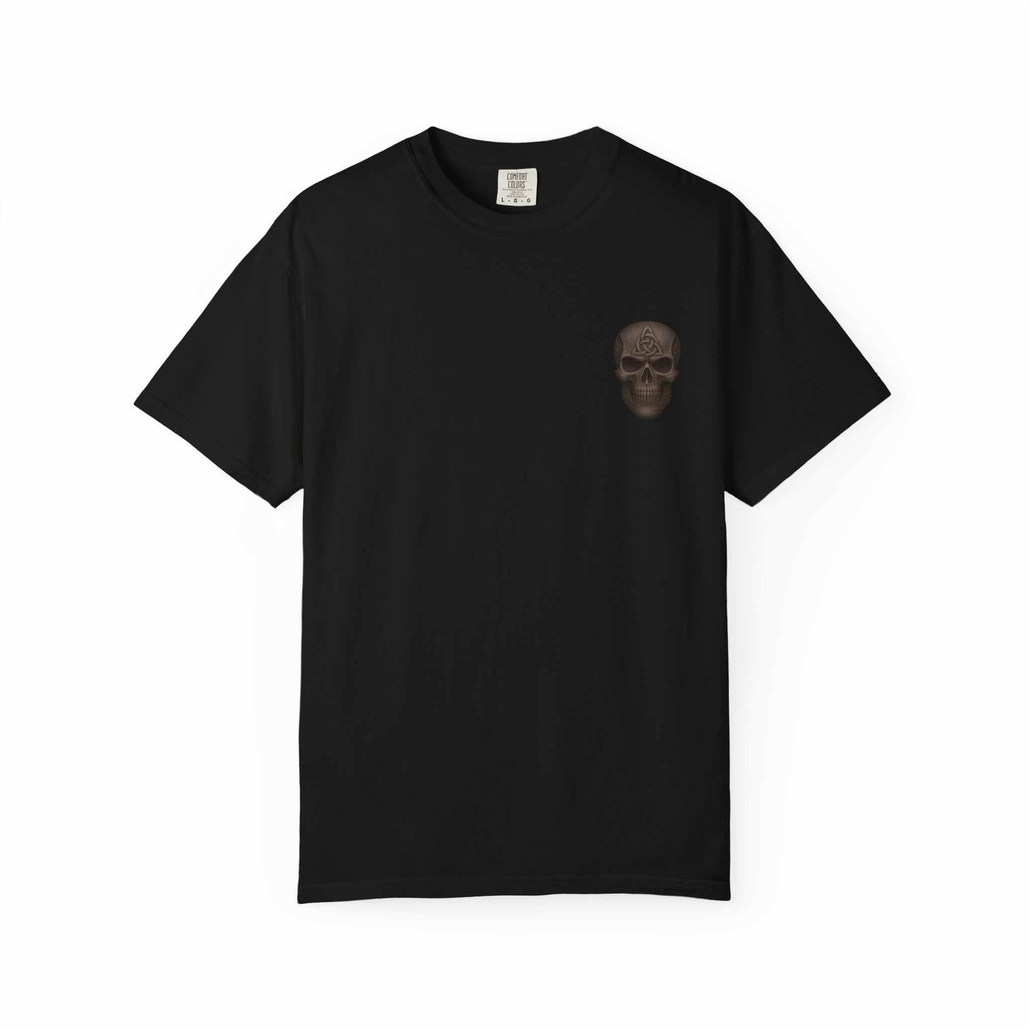Black unisex garment-dyed T-shirt with small skull graphic on chest, soft cotton fabric, available in sizes S to 4XL