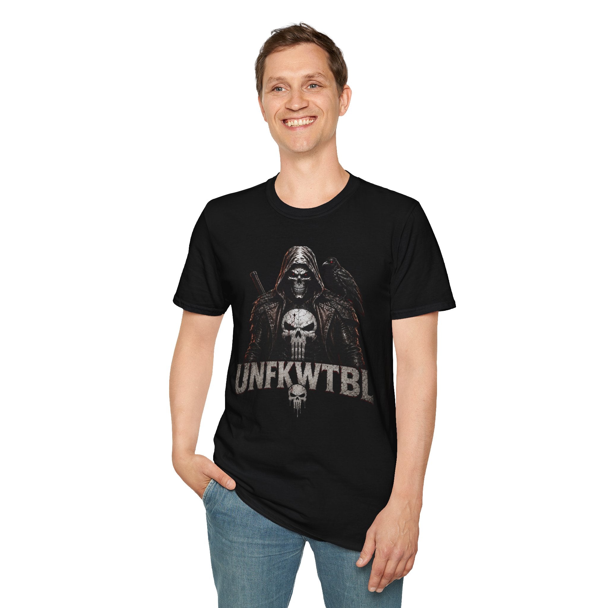 Grim Reaper Skull Tee — Dark Raven Gothic Graphic T-Shirt (UNFKWTBL Text)