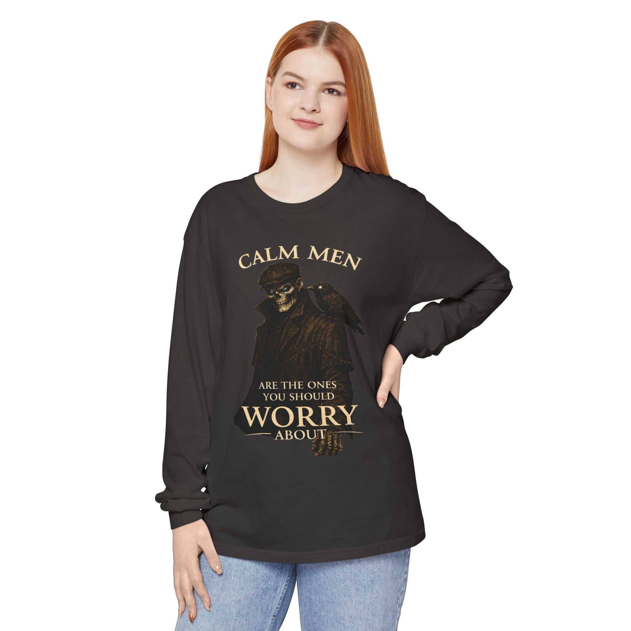 Calm Men Skull Raven Long Sleeve T-Shirt — "Calm Men Are The Ones You Should Worry About"
