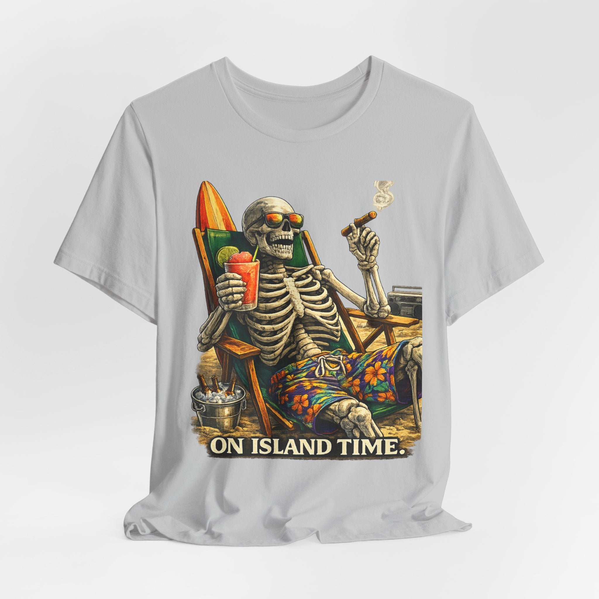 Skeleton Beach Tee — "On Island Time" Tropical Skull Vacation T-Shirt