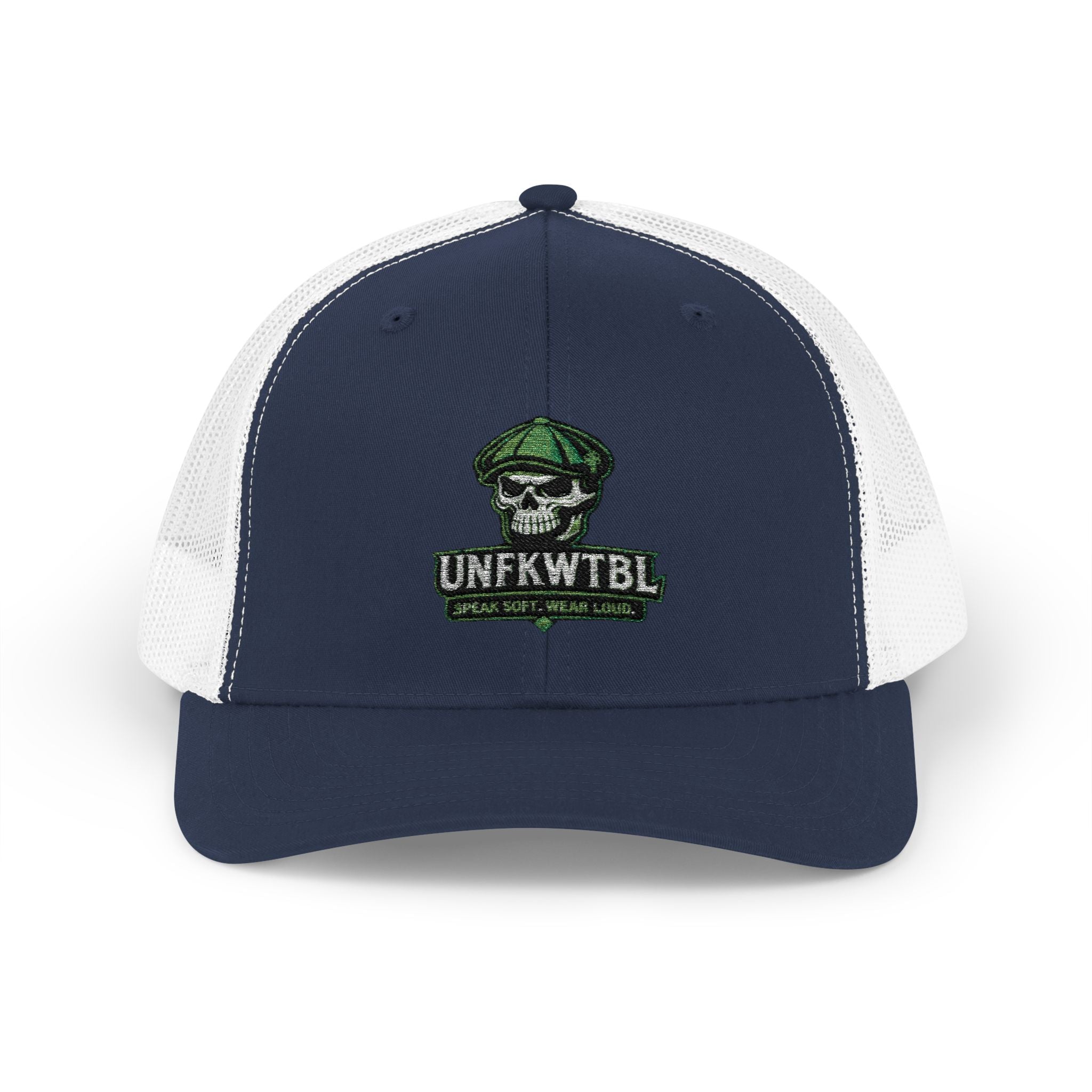Snapback Trucker Cap — Green Camo Skull "UNFWTB1L" Embroidered Military Patch