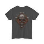 Dark gray unisex tee with bold Celtic skull and cross heritage design on back