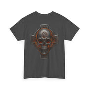 Dark gray unisex tee with bold Celtic skull and cross heritage design on back