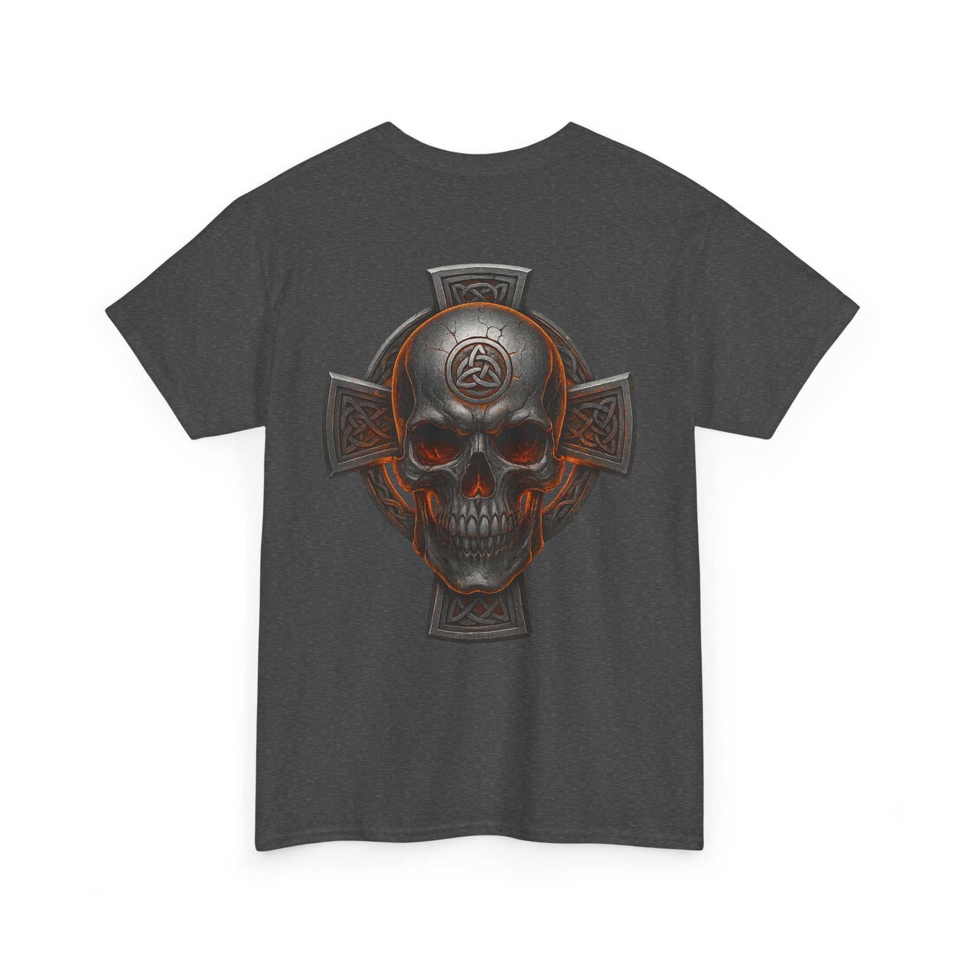 Dark gray unisex tee with bold Celtic skull and cross heritage design on back