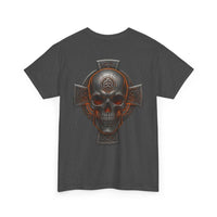 Dark gray unisex tee with bold Celtic skull and cross heritage design on back